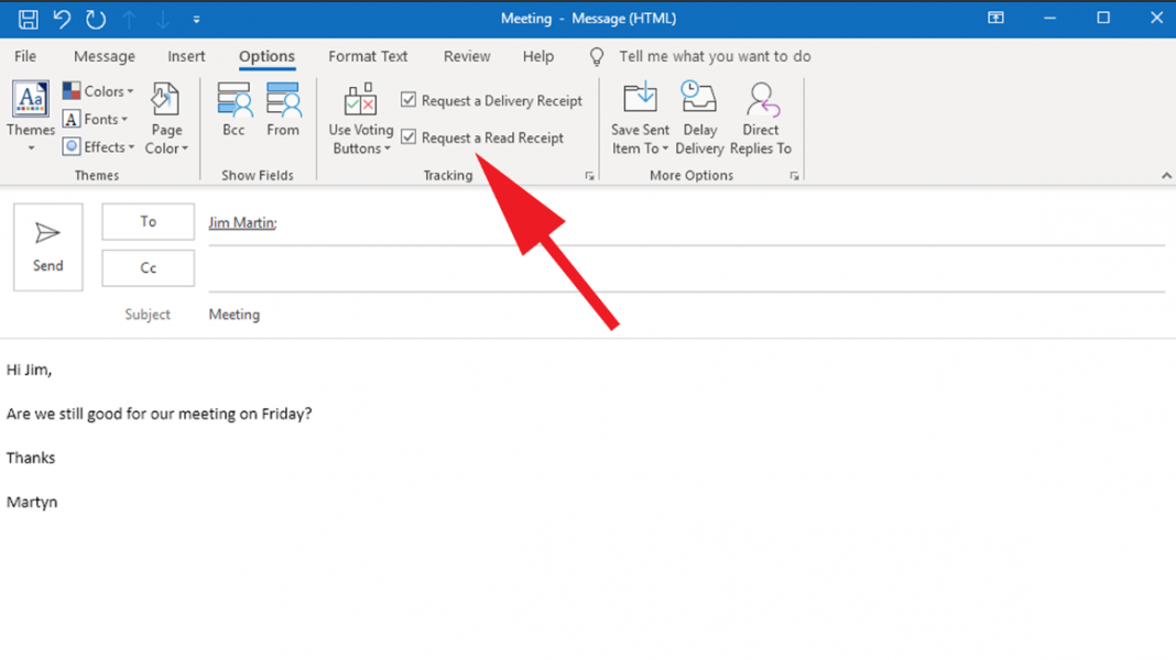 outlook read receipt after sending email